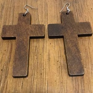 Sears Wooden Brown Huge Cross Earrings.
